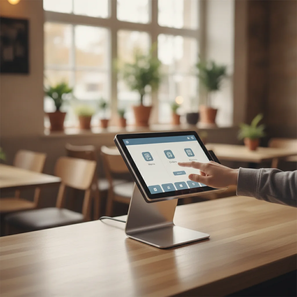 Restaurant point-of-sale terminal on a cafe counter with a staff member tapping the touchscreen