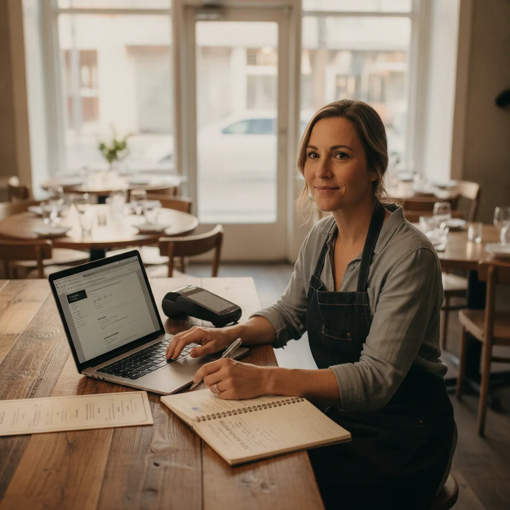 Bistro owner comparing information on a laptop with a printed menu and notebook at a sunlit restaurant counter