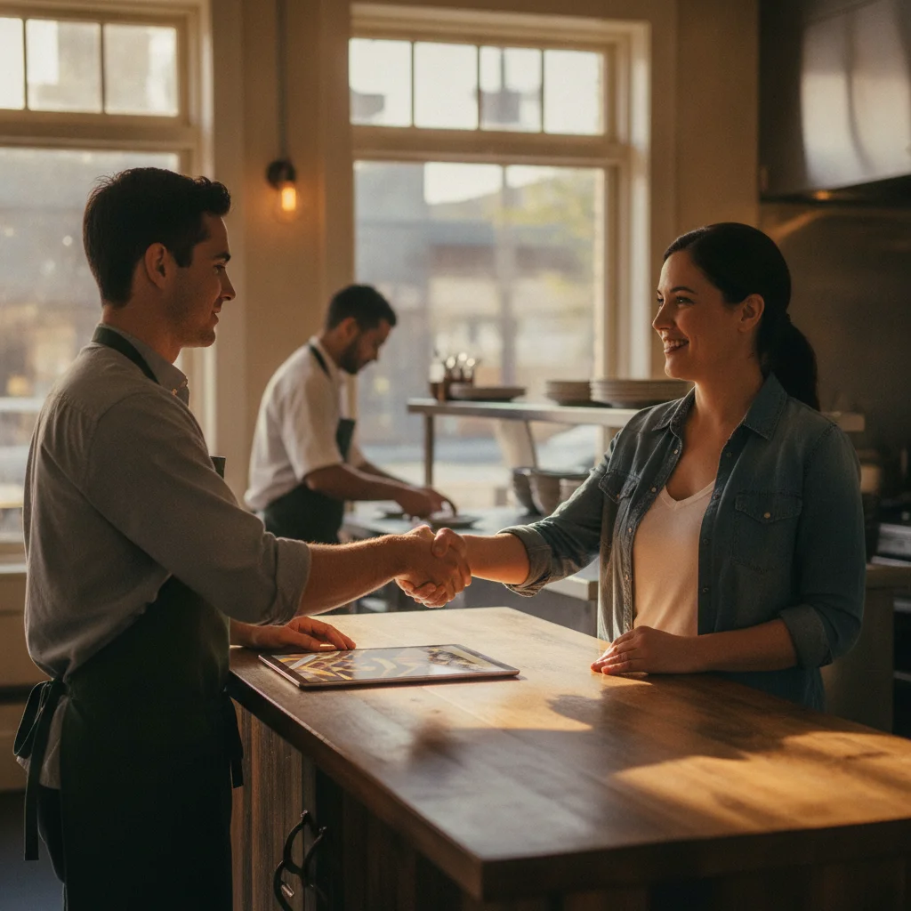 Bistro employee checking in on an attendance tablet as a manager greets them warmly before morning service
