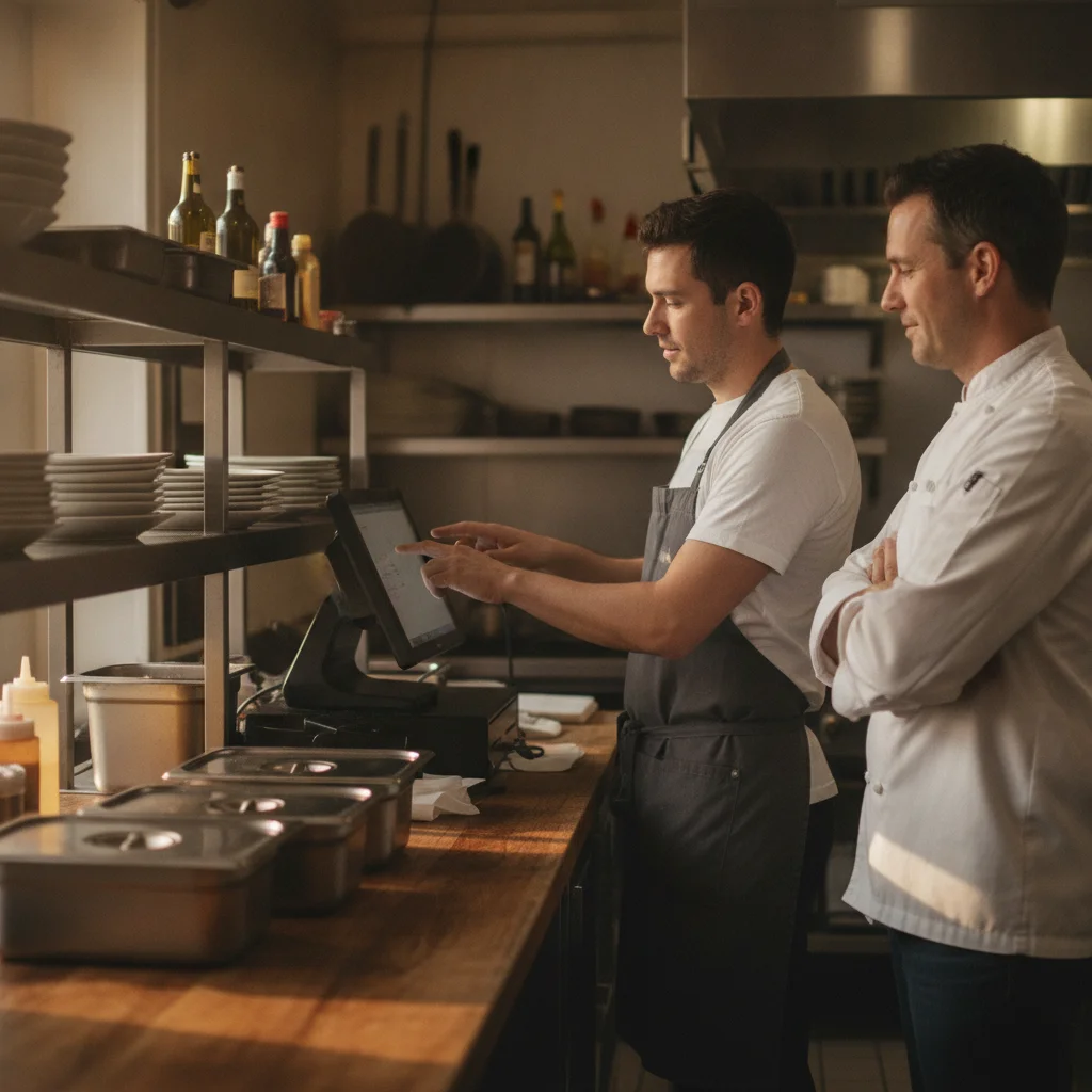 Cocinero de línea registrando una comida del personal en una terminal POS junto al pase de cocina mientras un gerente observa, con bandejas tapadas de comida para el personal sobre la encimera en una cocina de restaurante de ambiente cálido