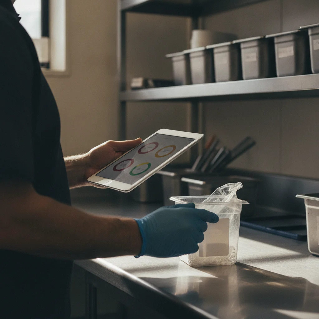 Close-up of a central-kitchen food-safety manager checking a tablet beside an ingredient container separated for batch verification.