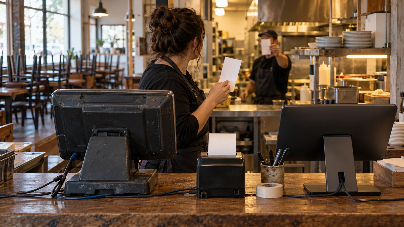 Terminal POS para restaurante sin marca, con un cable de red conectado, sobre un fondo color crema con iluminación suave